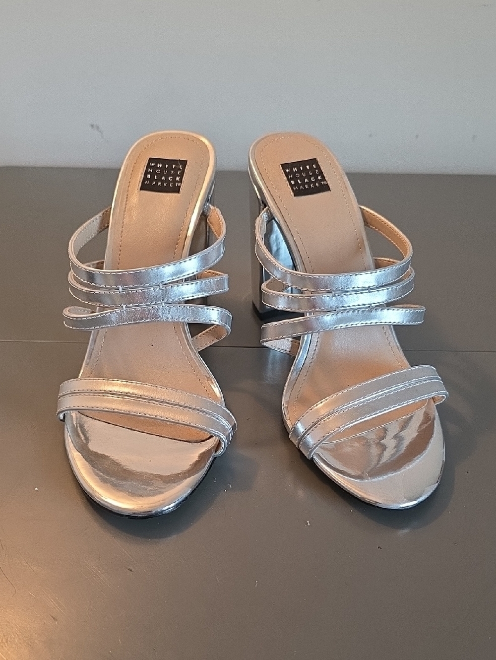 White House Black Market Metallic Silver Strappy Block Heel Sandals